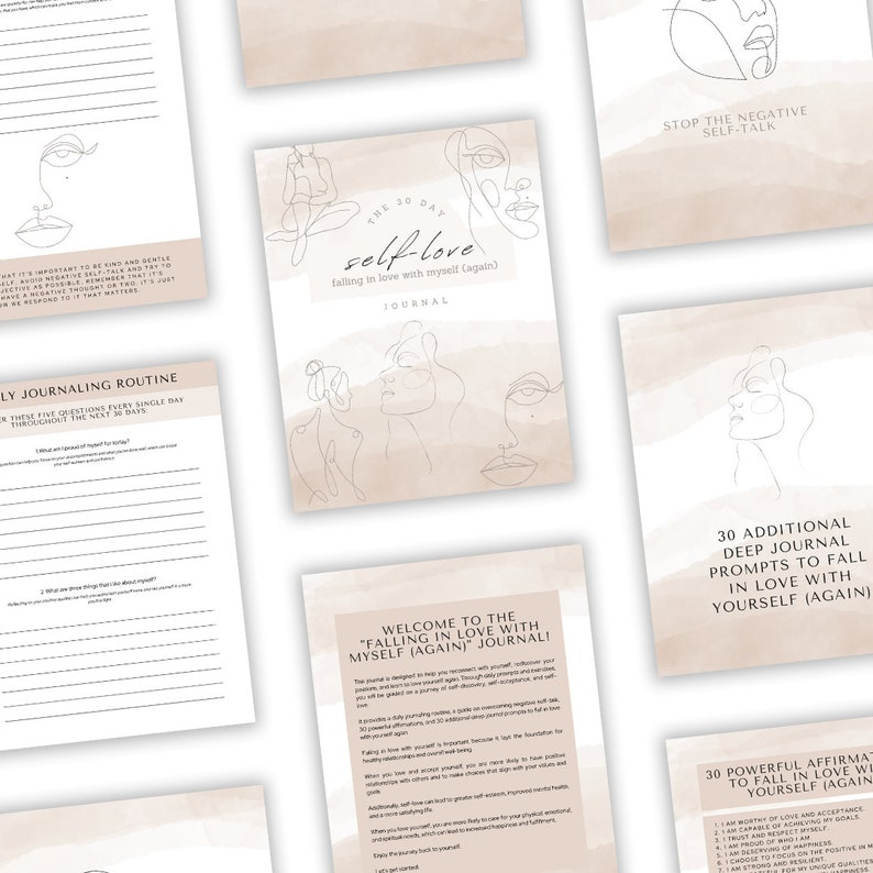 May include: A set of printable journal pages with a pink and white watercolor background. The pages feature line drawings of faces and the text "The 30 Day Self-Love Journal: Falling in Love with Myself (Again)".