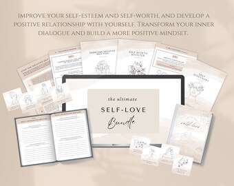 Self-Love Bundle with 30 Day Digital/Printable Journal, Self-Worth Booster, Self-Discovery, Negative Self-Talk worksheets +affirmation cards