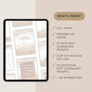 May include: A digital product mockup on a tablet screen showing a self-love journal with a pink and brown watercolor background. The text "self-love" is written in black script. The journal includes 100+ pages, 30 days of daily journaling prompts, 30 additional deep journaling prompts, and 30 affirmations. The journal is printable or digital.
