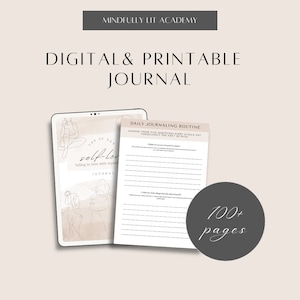 May include: A digital and printable journal with a pink and white abstract design on the cover. The journal is titled "The 30 Day Self-Love: Falling in Love with Myself Journal". The journal has over 100 pages and includes a daily journaling routine with five questions to answer each day.