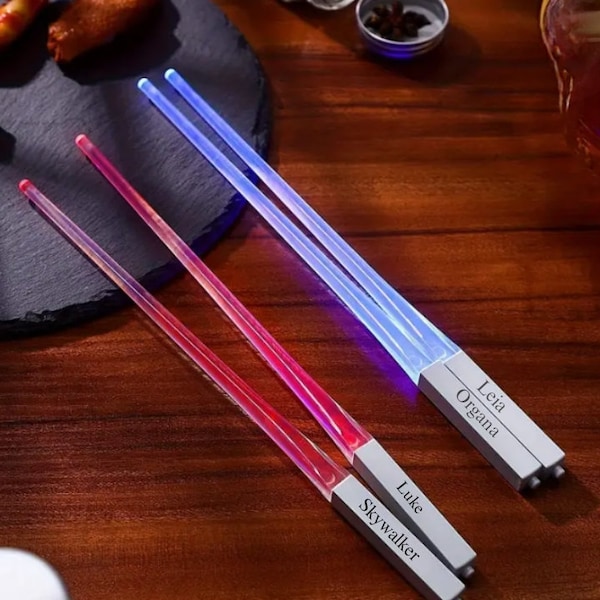 Custom Lightsaber Chopsticks 2 pairs | LED | engraved | party favors | Star wars | Light Side vs Dark Side | Date gift | Kids Lunchbox |