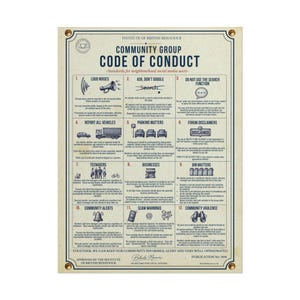 May include: A rectangular poster titled Community Group Code of Conduct by the Institute of British Behaviour. It features twelve numbered sections with icons and text outlining rules for neighborhood social media users on a cream background.