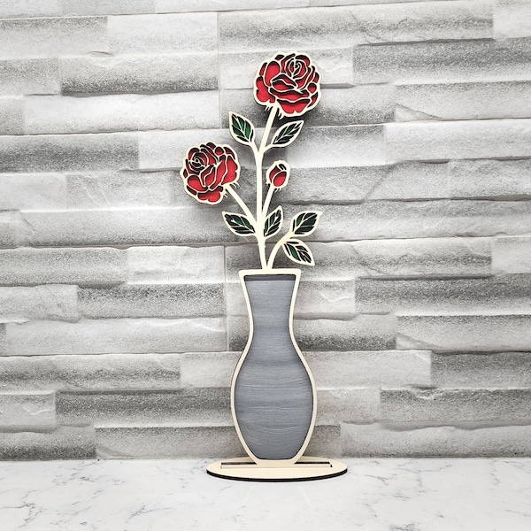 Roses in bud vase table centerpiece laser cut file for 3mm wood,  available in SVG format, other formats available upon request