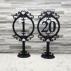 May include: Two black table number holders with ornate scrollwork designs. The numbers 1 and 20 are displayed in the centre of each holder.