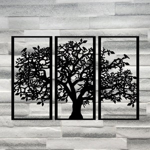 May include: Three black metal wall decor panels featuring a silhouette of a tree with birds perched on the branches. The panels are rectangular and have a simple black frame.