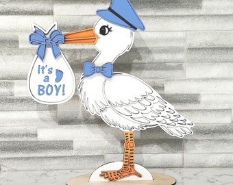 È un ragazzo! File tagliato al laser per centrotavola cicogna per legno da 3 mm, disponibile in formato SVG, DOWNLOAD immediato