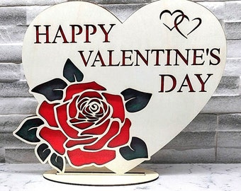 Layered Happy Valentine's Day table centerpiece laser cut file for 3mm wood,  available in SVG format, other formats available