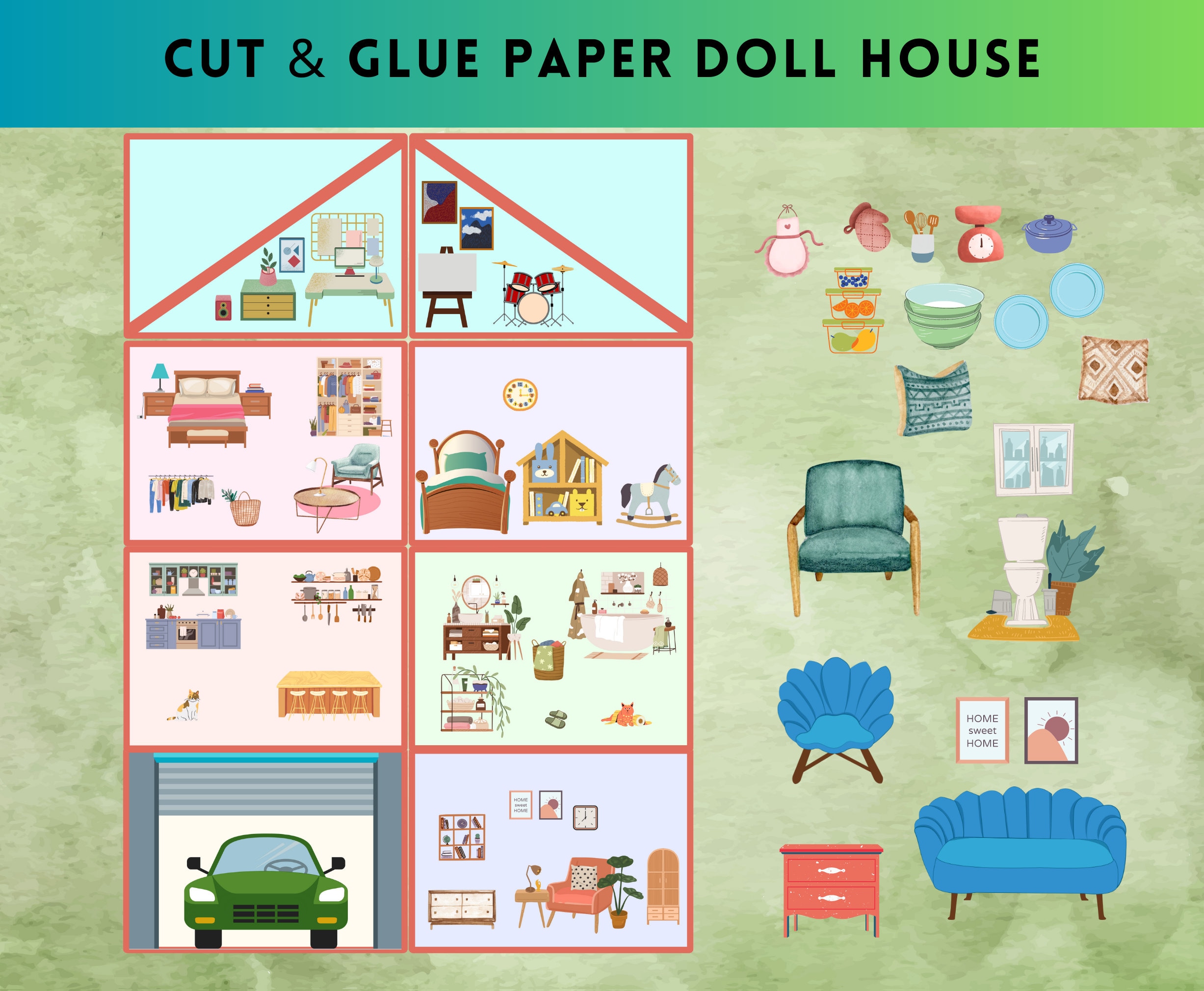 Pop-up Paper Dolls House Diorama Study/office Printable Kids