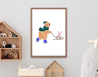 Play Room Wall Art, Bear Painting, Nursery Print, Kid Room Wall Hanging, Boho Wall Decor, Playroom Poster, Nordic Toddler Room, Wall Gallery