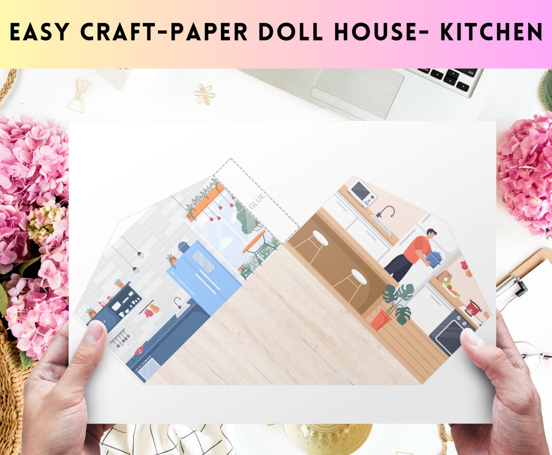 Paper Craft Kitchen Dollhouse, Children Craft, Miniature House, Cut and
