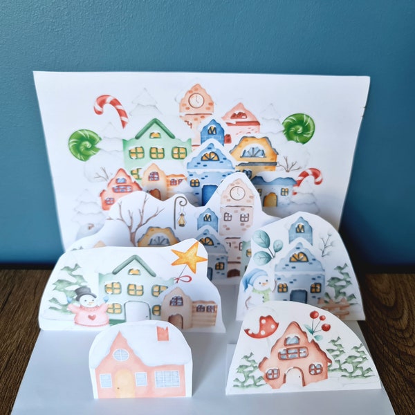 Winter Houses Pop Up Quiet Book Page, Cut and Glue DIY Project, Kid Paper Craft, Folding Template, Preschool Activity, 3D Pop up Story Book