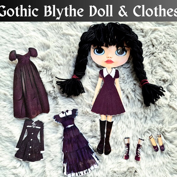 Printable Paper Gothic Blythe Doll Gift for Girl, Kid Craft DIY Project, Dress up Kit, Dramatic Pretend Play, Paper Doll Clothes Dress