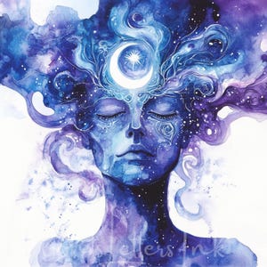 May include: Watercolor painting of a serene face with closed eyes, rendered in shades of blue and purple. A crescent moon and star adorn the forehead, with flowing hair and a starry sky effect. The artwork evokes a sense of peace and cosmic connection.