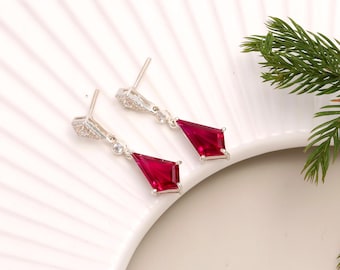 Boucles d'oreilles cerf-volant en rubis créées en laboratoire, boucles d'oreilles pendantes délicates en argent, bijoux géométriques uniques pour femme.