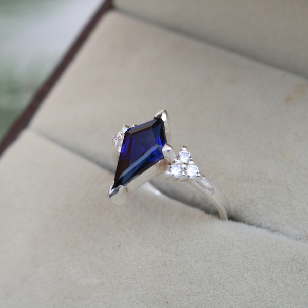 Royal Blue Sapphire Ring, Kite Shape Cut Sterling Silver Ring, Best Jewelry Gifts For Girls