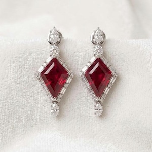 Pendientes colgantes Art Deco con forma de rombo y rubí, joyería nupcial de plata de ley 925 con diseño de cometa y piedras preciosas.