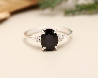 Schwarzer Turmalin Verlobungsring: Ovaler Edelstein, 925 Sterling Silber