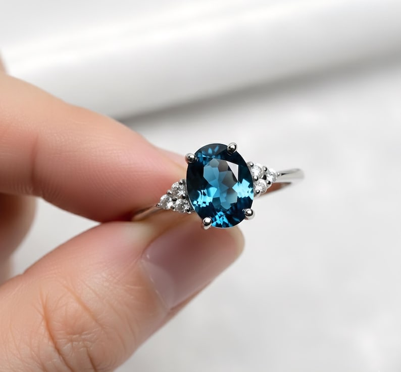 Oval London Blue Topaz Ring With Diamond Accent in Sterling Silver - Etsy