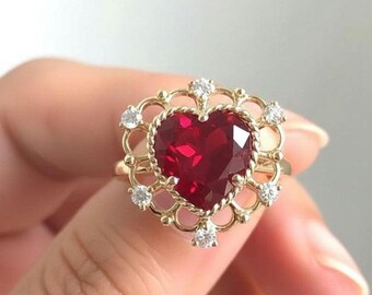 Rubin Herz Ring, Roter Edelstein Jubiläum Geschenk, Sterling Silber mit vergoldeten Juli Geburtsstein.