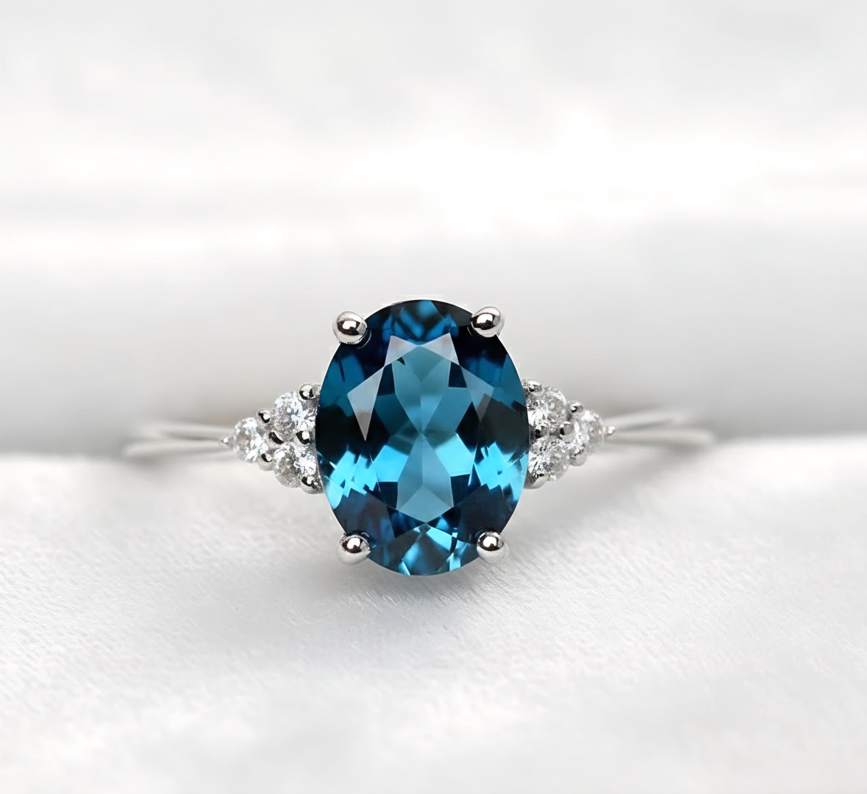Oval London Blue Topaz Ring With Diamond Accent in Sterling Silver - Etsy