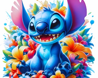 2 スティッチの花とスプラッシュの水彩画PNG昇華、漫画映画PNG、スティッチの水彩画デザインPNG、スティッチの花PNG