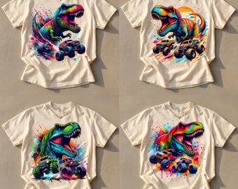 7 Dinosaur Big Trucks Watercolor PNG, Trex Shirt PNG, Boys Shirt PNG, Dinosaur Birthday Party Png, Dinosaur Png, Monster Truck Png
