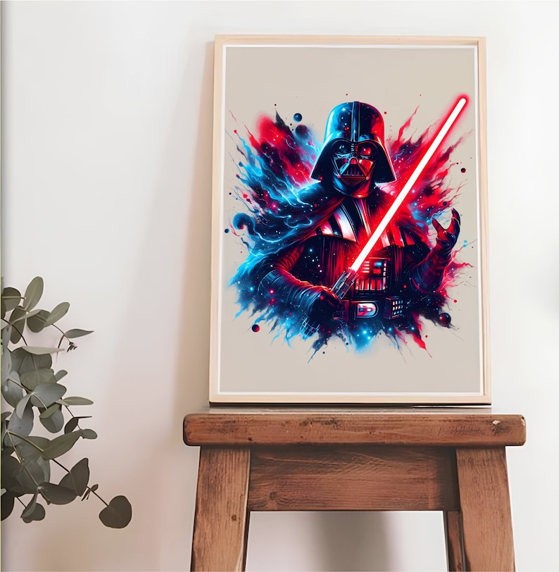May include: A digital art print of Darth Vader from Star Wars, with a red lightsaber and a blue and red background.