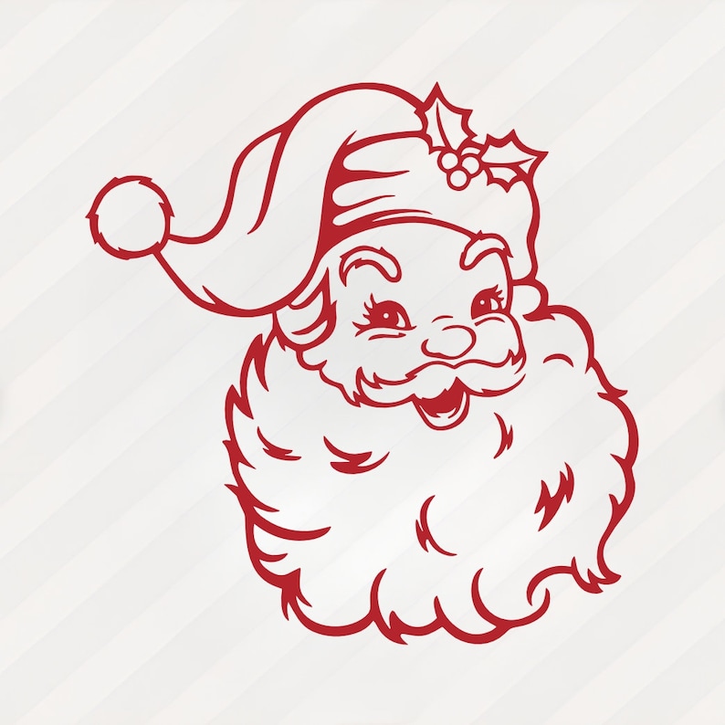 May include: A red line drawing of Santa Claus's face, with a smiling expression, a fluffy beard, and a hat decorated with holly. This simple, festive design is ideal for Christmas-themed crafts and decorations.