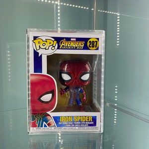 May include: A red and blue Iron Spider Pop! Vinyl figure with a bobbling head. The figure is in a clear plastic display case with the Marvel Avengers Infinity War logo and the number 287.