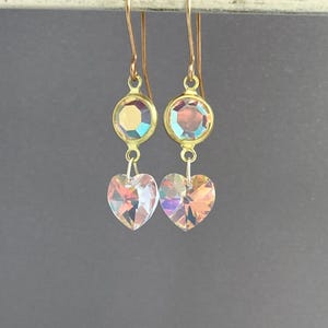 Swarovski Crystal Earrings, Heart Earrings, Gold Plated Dangle Earrings, Dainty Crystal AB Earrings, Vintage Earrings, Valentine's Day Gift