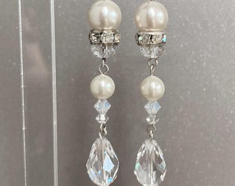 Long Swarovski Crystal Earrings, Sterling Silver Beaded Earrings, Clear Crystal Rhinestone & Swarovski Pearl Dangly Pierced Earrings