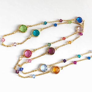 Swarovski-kristalketting, regenboogketting, 27-inch lange vergulde ketting, meerkleurige stationsketting, ringset kleurrijke kristallen ketting