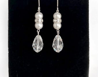 Swarovski Crystal Earrings, Sterling Silver Beaded Earrings, Sparkly Clear Rhinestone Beads & Swarovski Pearl Dangly Earrings