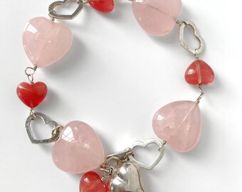 Rose Quartz & Cherry Quartz Bracelet, Sterling Silver Chunky Beaded Chain, Semi Precious Gemstone Beaded Bracelet, Pink Hearts Valentine's