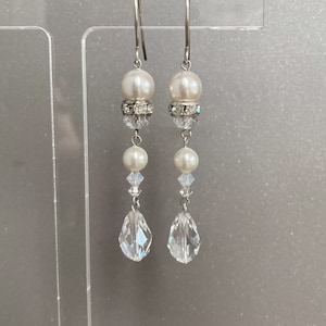 Long Swarovski Crystal Earrings, Sterling Silver Beaded Earrings, Clear Crystal Rhinestone & Swarovski Pearl Dangly Pierced Earrings