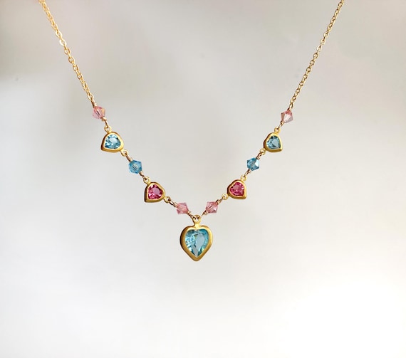 Swarovski Crystal Necklace, Blue Pink Heart 16