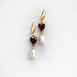 Gold Pearl Earrings, Vintage Style Pearl Drop Earrings, Dark Red Heart Earrings, Pearl Dangle Drop Leverback Earrings, Valentine's Day Gift image 6