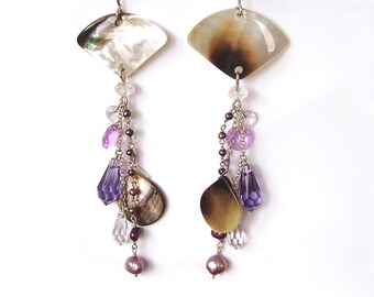 Swarovski Crystal Earrings, Sterling Silver Chain Earrings, Long Pearl Earrings, OOAK Handmade Earrings, Purple Dangly Cluster Earrings