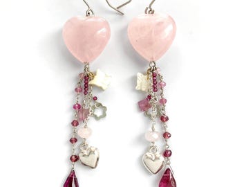 Semi Precious Gemstone Beaded Earrings, Hearts & Butterflies Earrings, Long Sterling Silver Earrings,   Rose Quartz Tourmaline Garnet Beads