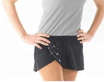 May include: A gray sleeveless leotard with a black skirt featuring a rhinestone design. The skirt has a scalloped hem.