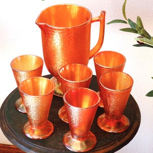 Vintage Marigold Crackle Carnival Glass Set: Pitcher & 6 Footed Tumblers