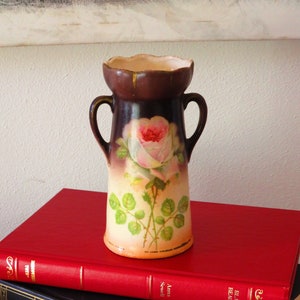 Vintage Czechoslovakia Vase: Small Hand-Painted Floral Double Handled Vase
