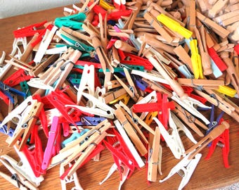 8.5 lbs of clothespins, vintage wooden and plastic clothespins