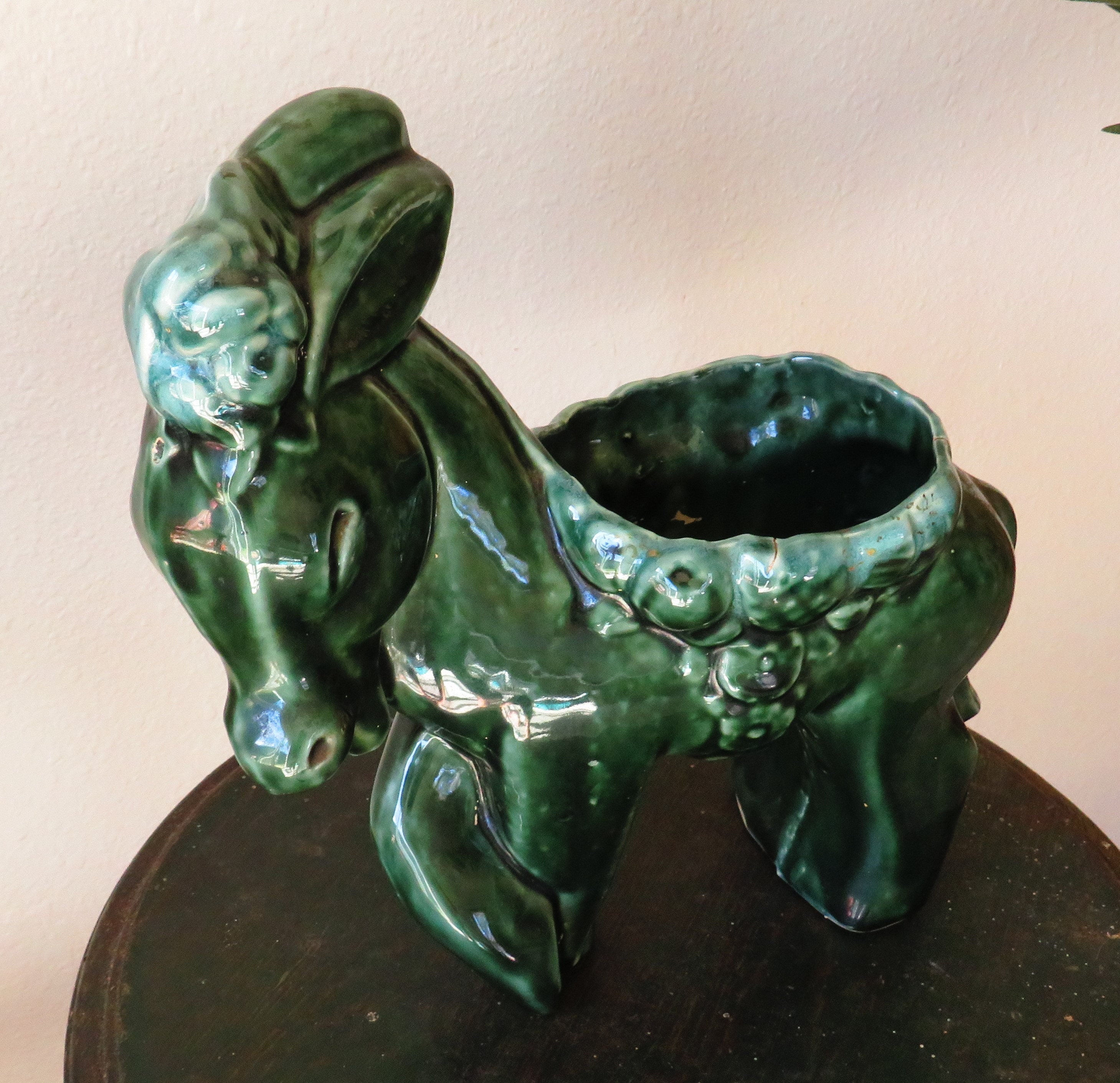 Vintage Large Glazed Green Ceramic Donkey Planter, USA Pottery, Large