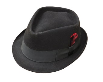 Vintage Black Felt Fedora, Tucker and Tucker Pittsburgh felt hat with a red feather, men's size small black felt fedora.