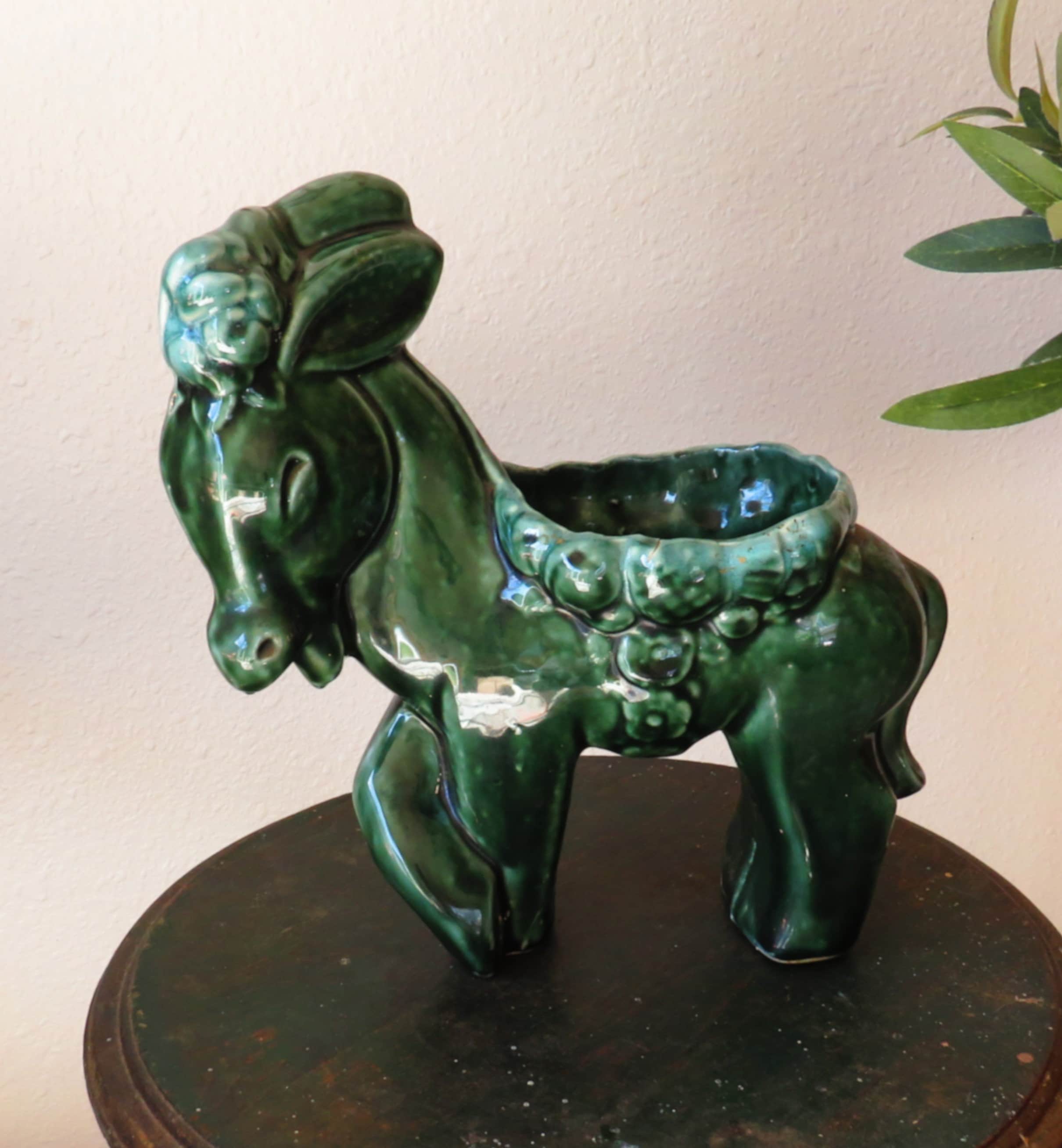 Vintage Large Glazed Green Ceramic Donkey Planter, USA Pottery, Large