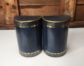 Vintage Navy Leather Bookends Set | Gold Trim Library Decor