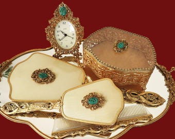 Vanity Set Globe 24K Gold Plated Hollywood Regency Boudoir  display picture 3
