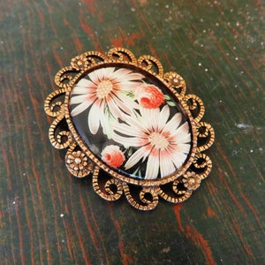 Vintage Porcelain Floral Pendant Necklace and brooch pin, Antique gold color setting with flowers