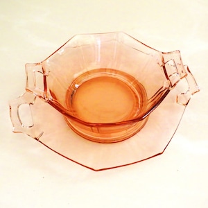 Pink Depression glass plate and bowl, vintage pink glass serving plate and dish, pink handle bowl and plate